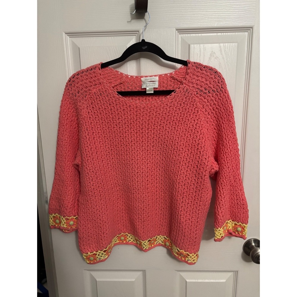 Christopher & Banks | Hand‎ Crocheted Pink Peach Sweater Floral Sz L